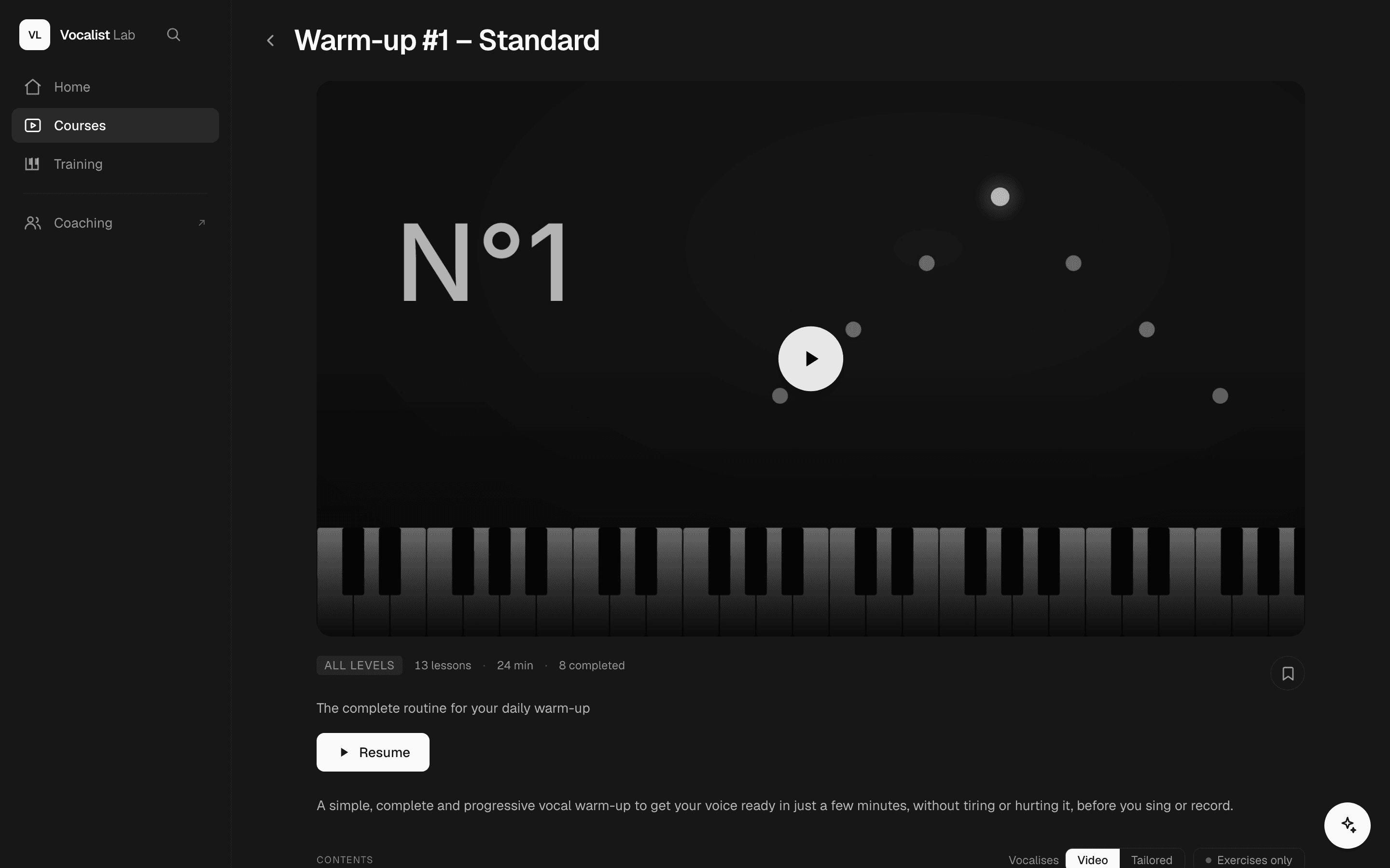 A Vocalist Lab program: video lessons and exercises in the same path, with your progress