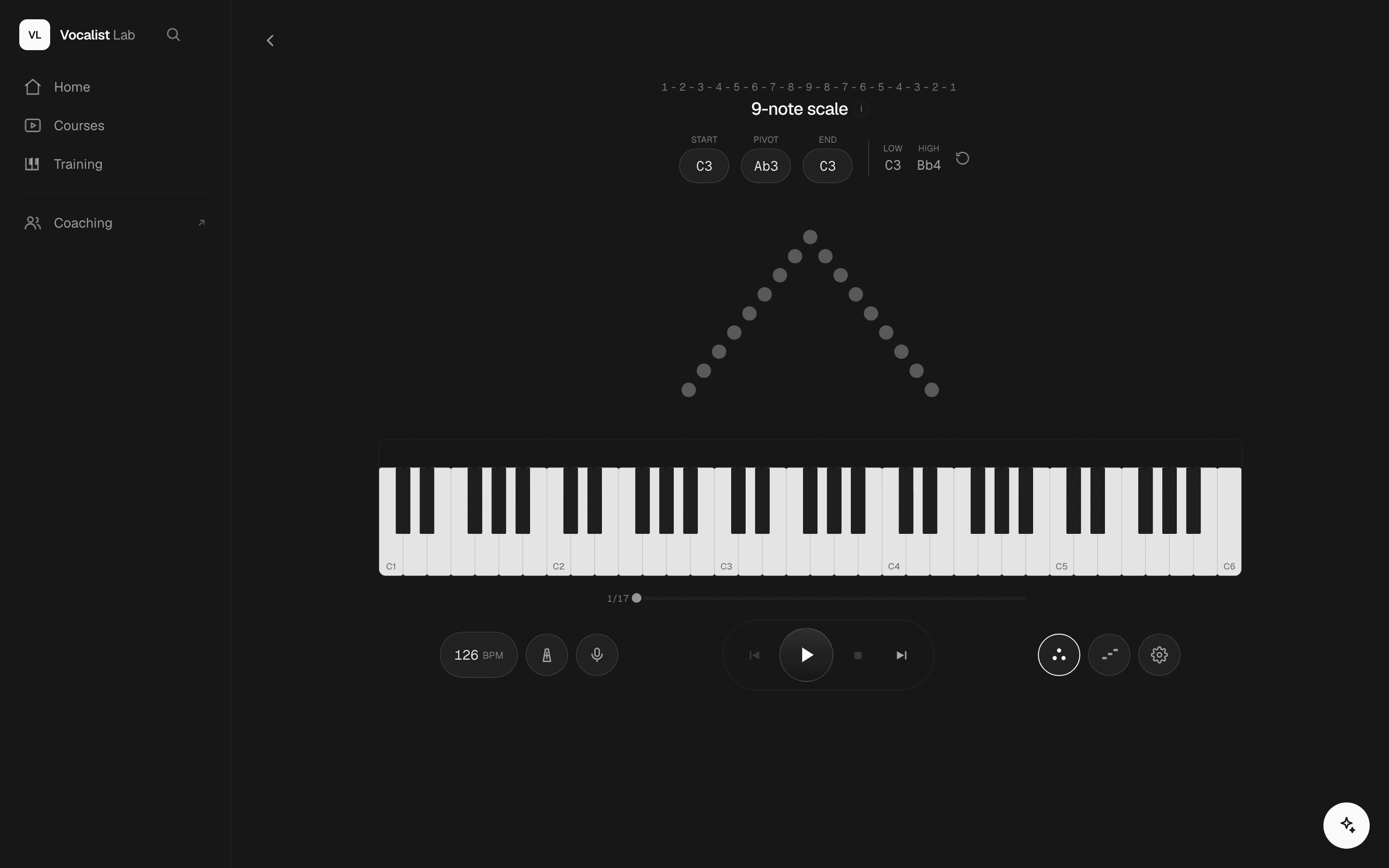 The vocalise player: the pattern in circles above a piano, with start, pivot and tempo settings