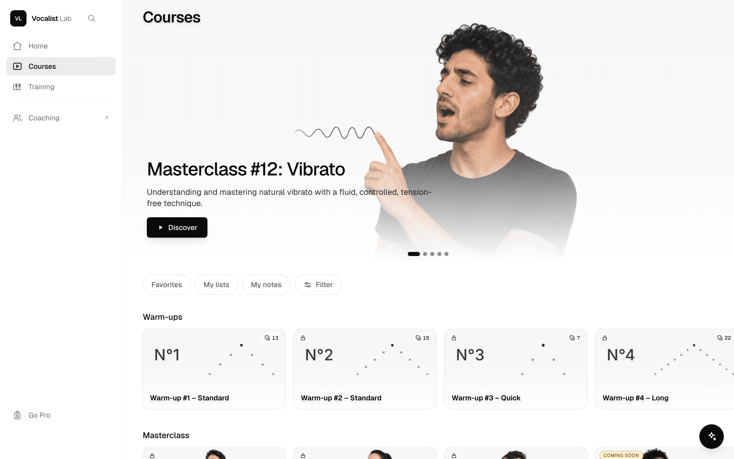 The catalogue: warm-ups no. 1 to 4 and masterclasses, as cards
