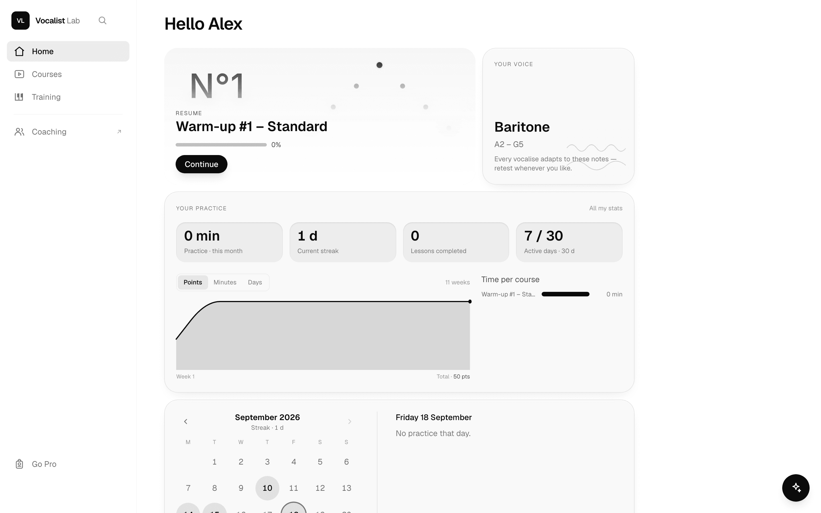 The dashboard: practice this month, current streak, lessons completed and time per course