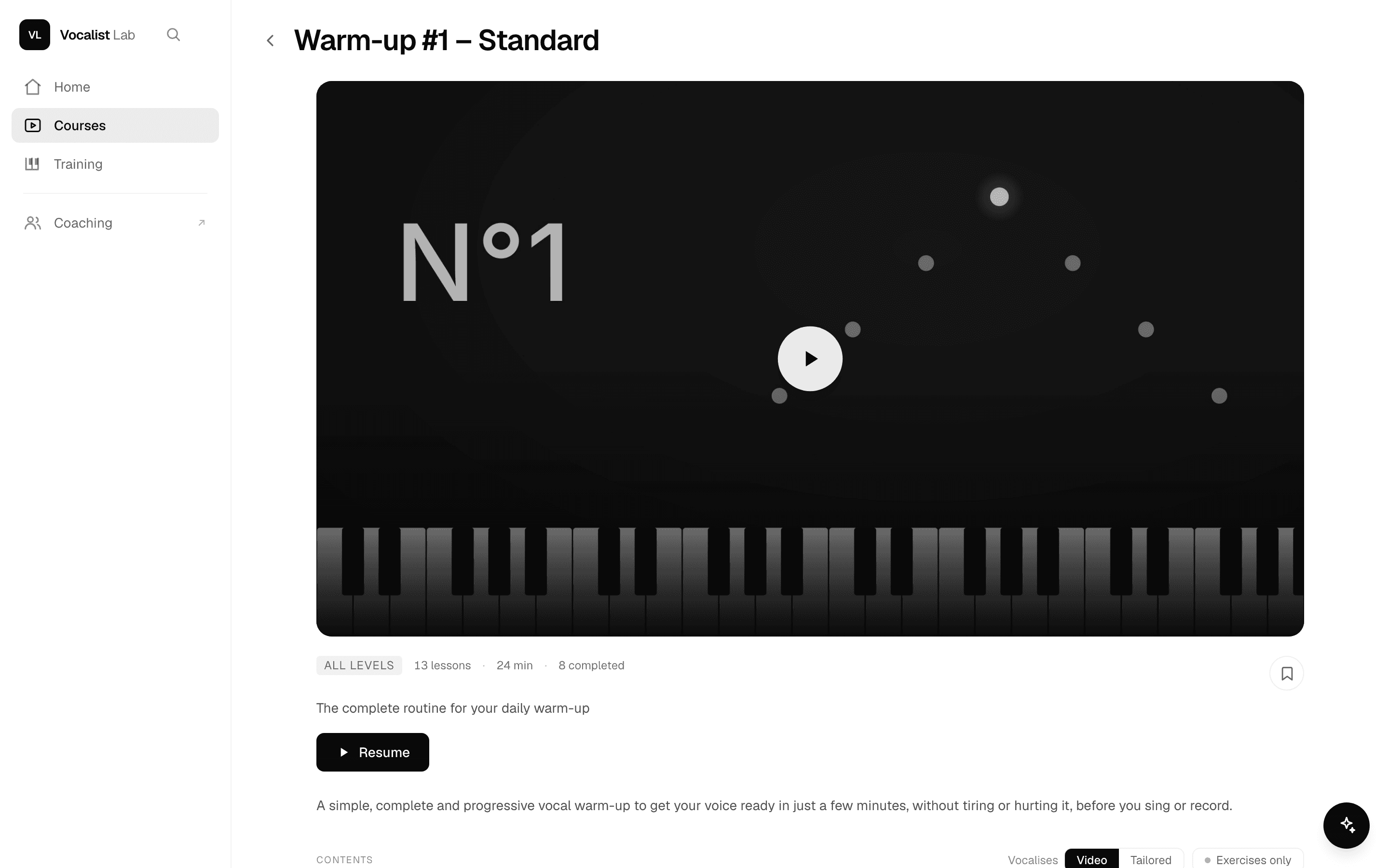 A Vocalist Lab program: video lessons and exercises in the same path, with your progress