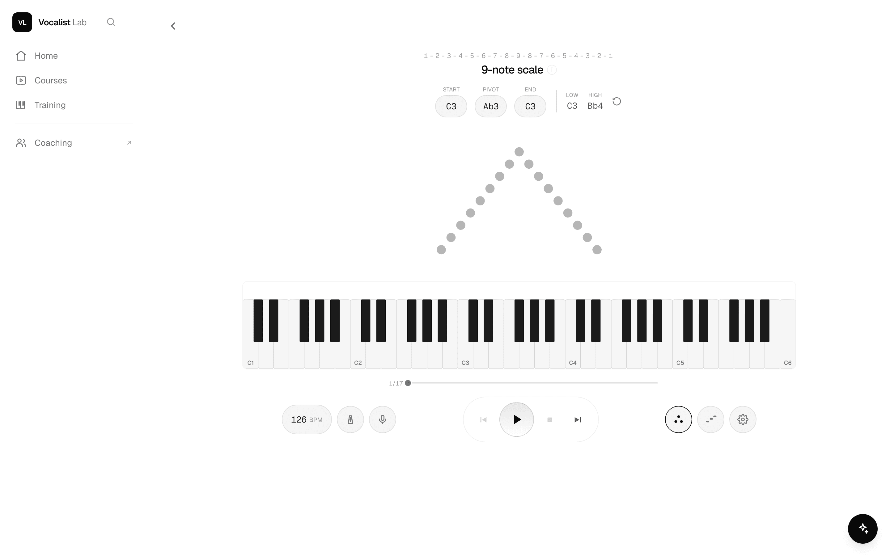 The vocalise player: the pattern in circles above a piano, with start, pivot and tempo settings
